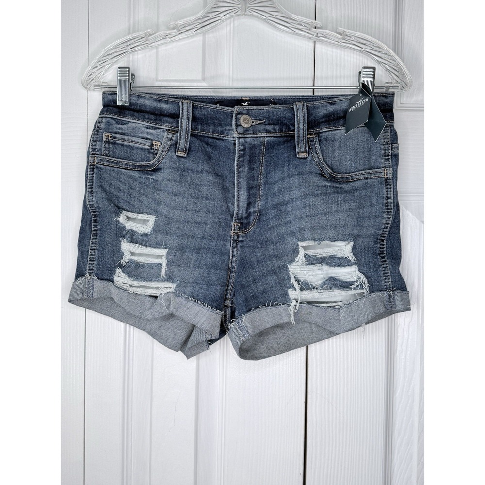 NWT Hollister Mid Rise Short Distressed Denim Jean Shorts  Medium Wash Size 7‎